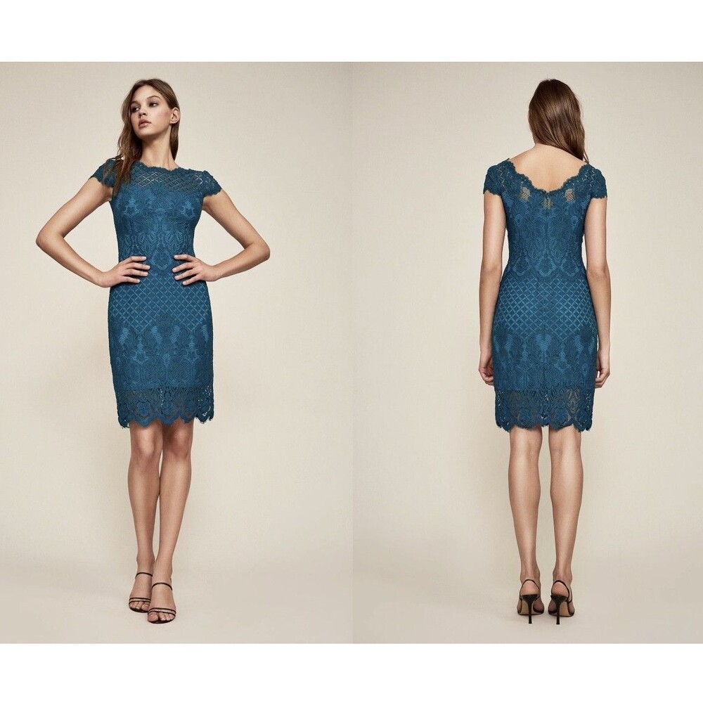 Tadashi Shoji Illusion Yoke Cerulean Bazil Sheath Lace Dress Size 16 BGK17333M
